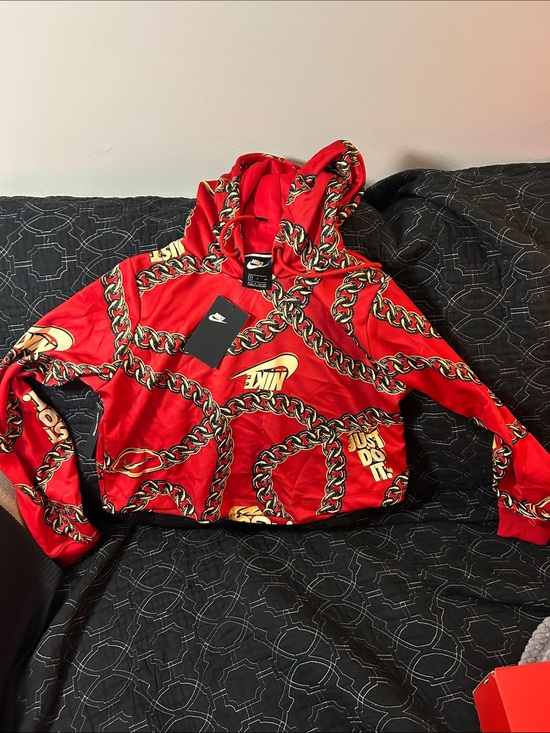 Nike Tops - Nike Red Chain-Print Cropped Hoodie with Gold Accents